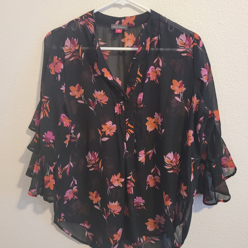 Vince Camuto Black Floral Sheer Blouse #239